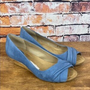 Giani Bernini Rivey Peep Toe Wedge Suede Leather Jean Blue Sandals Sz 8.5